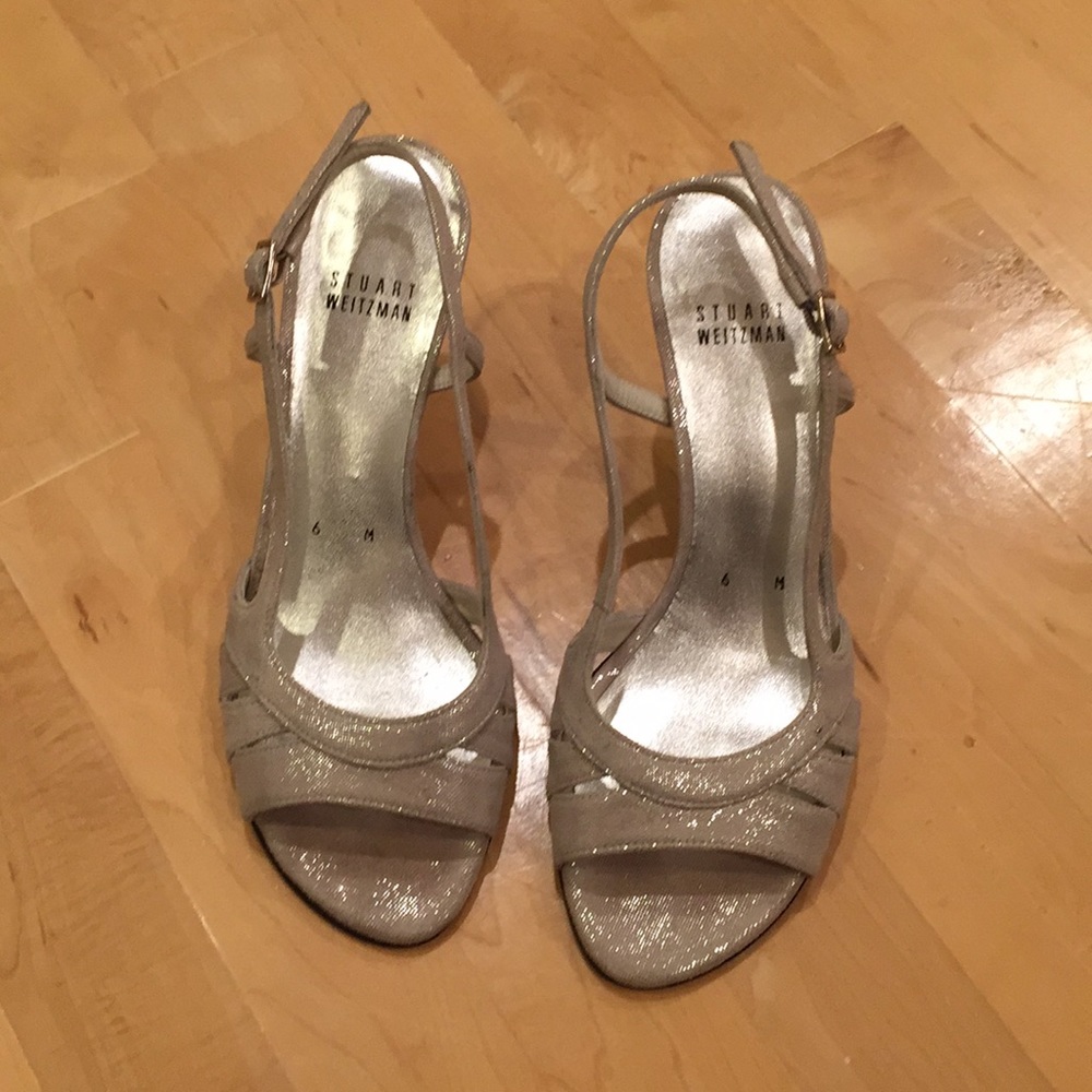 Stuart Weitzman silver ankle strap sandal heels